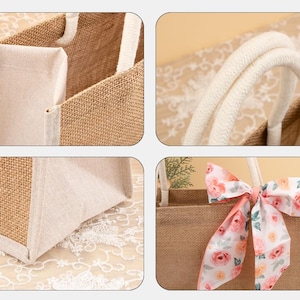 May include: A rectangular jute tote bag with white fabric accents and rope handles. A floral patterned scarf is tied to the handle. The bag is made of natural-colored jute.