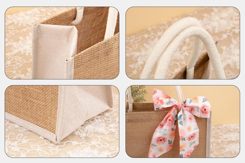 May include: A rectangular jute tote bag with white fabric accents and rope handles. A floral patterned scarf is tied to the handle. The bag is made of natural-colored jute.