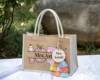 Personalized Teacher Burlap Tote Bag, Teacher Name Burlap Bag,Christmas Teacher Gift,Teacher Appreciation