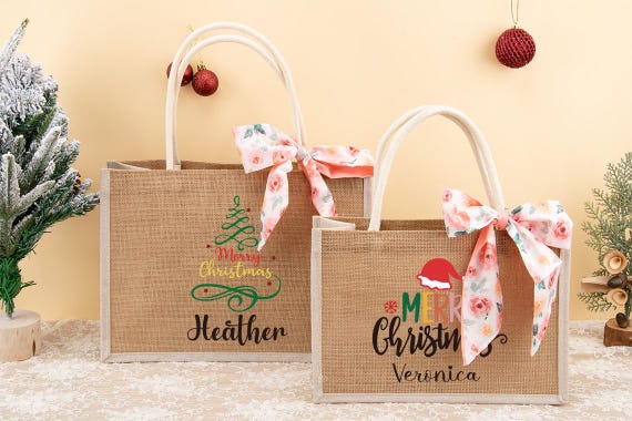 Personalized Christmas Burlap Gift Bags,Xmas Party Bag,Holiday Gift Bag