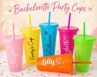 Vasos para despedida de soltera, vasos personalizados para damas de honor con nombres personalizados, vasos para fiesta de boda con tapa y pajita, regalo para despedida de soltera