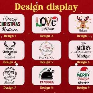 May include: A design display featuring nine Christmas-themed designs. Each design is presented on a white rectangular background with a red border. The designs include text such as "Merry Christmas" and names like "Beatrice" and "Olympia", along with festive graphics.