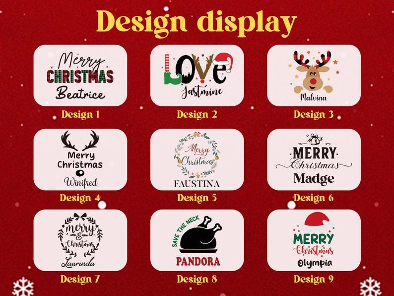 May include: A design display featuring nine Christmas-themed designs. Each design is presented on a white rectangular background with a red border. The designs include text such as "Merry Christmas" and names like "Beatrice" and "Olympia", along with festive graphics.