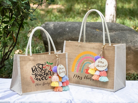 Personalized Teacher Tote Bag,Name Burlap Bag,Christmas Teacher Gift
