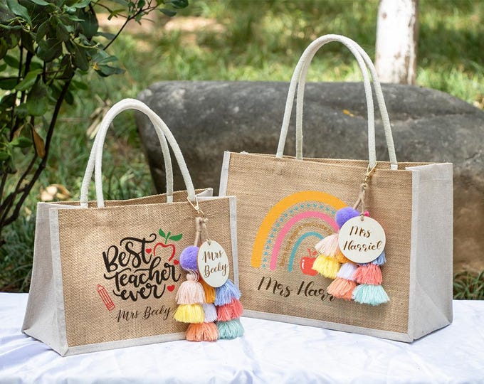Personalized Teacher Tote Bag,Custom Name Burlap Bag,Teacher Appreciation Gift