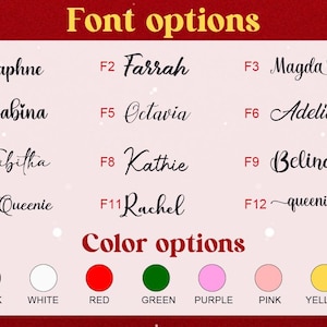 May include: A graphic displaying font and color options. The text "Font options" and "Color options" are at the top and bottom. Font examples include Daphne, Farrah, and Magda. Color options include black, white, red, green, purple, pink, and yellow.