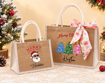 Personalized Christmas Jute Gift Bag, Custom Name Burlap Tote, Reusable Holiday Gift Bag for Family Friends, Xmas Gift Wrap