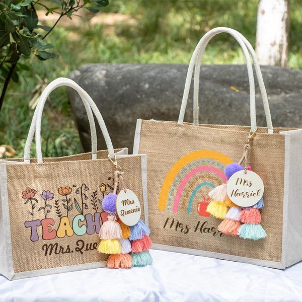 Personalized Teacher Tote Bag, Teacher Name Burlap Bag,Teacher Appreciation Gift
