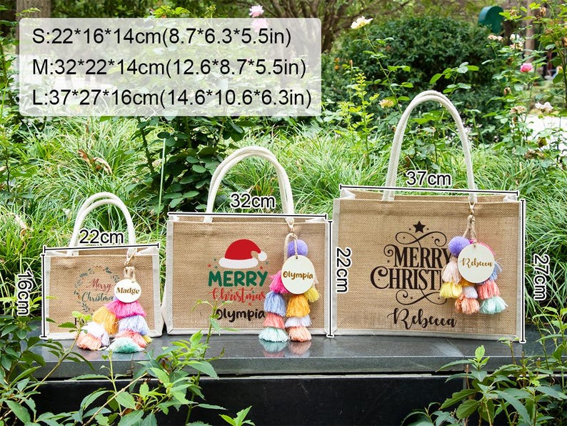 May include: Three burlap tote bags with white handles, each featuring a Christmas design and a tassel keychain. The largest bag is 14.6 inches wide, 10.6 inches tall, and 6.3 inches deep. The bags have the text "Merry Christmas" and names.