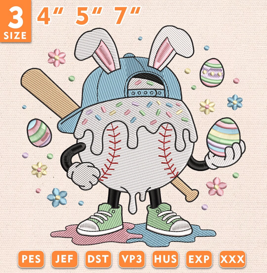 Easter Baseball Embroidery File, Bunny Baseball Player Design, Pastel ...