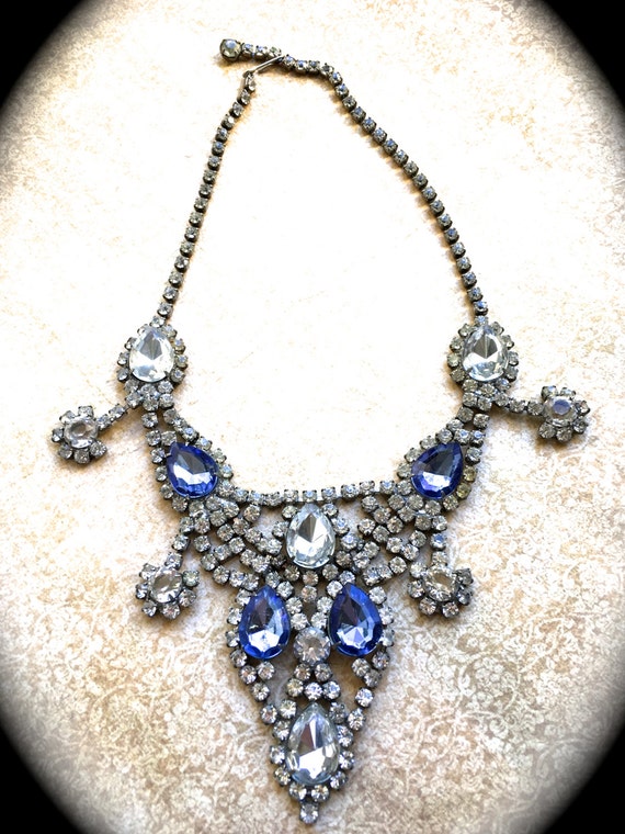 Sapphire Rhinestone Bib Necklace, Art Deco Bib Sty
