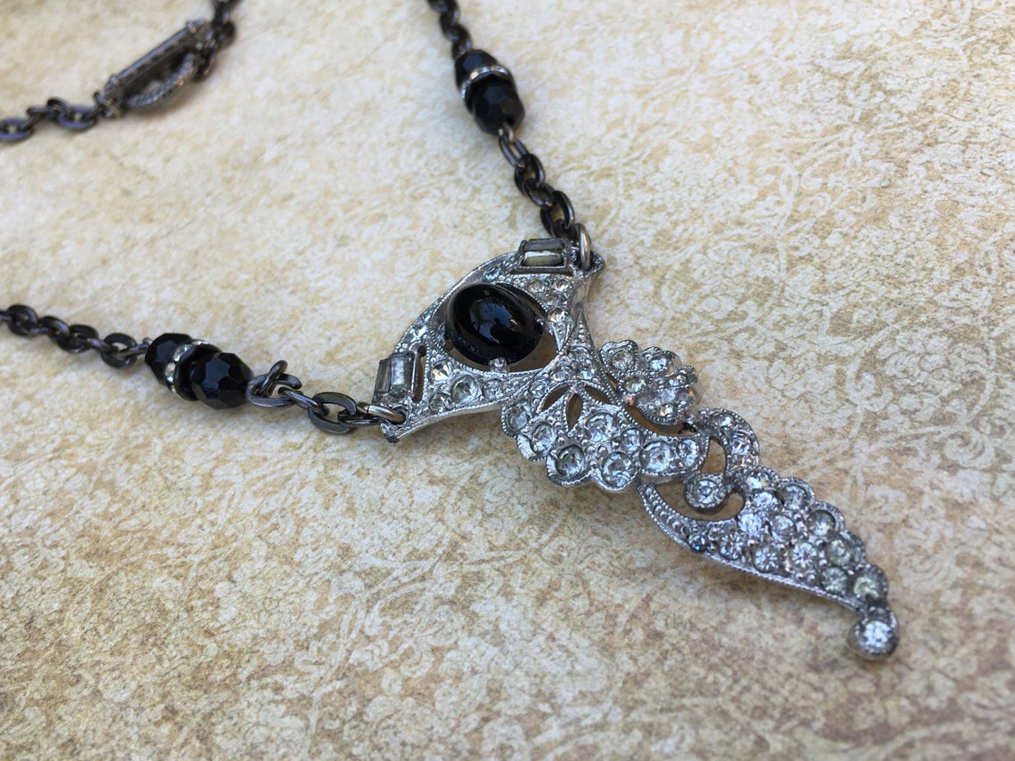 Art Deco Vintage Necklace Handmade Rhinestone Necklace Etsy