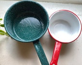 Soups On Vintage Graniteware Set of 2, Camping Country Farmhouse Decor Red and white and Spatter Green Enamelware Pots Retro kitchen