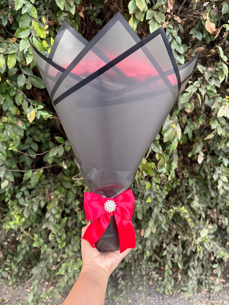 May include: A bouquet of red roses wrapped in black cellophane with a red ribbon and a rhinestone embellishment. The bouquet is held against a backdrop of green foliage.