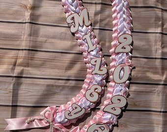 Coquette Graduation Ribbon Lei withPearl Accents, Class of 2026, Double braided lei