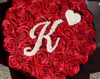Handmade Eternal Roses Bouquet with Initial and Baby Breath, Forever Flowers Gift
