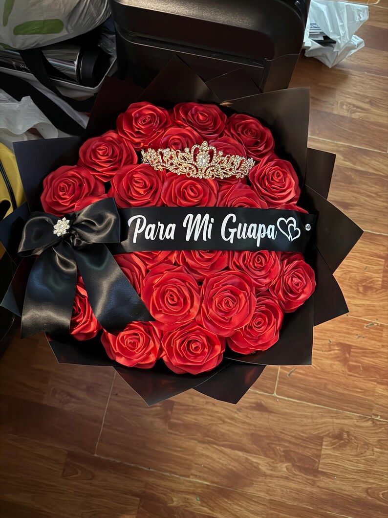 Handmade Red Ribbon Rose Bouquet • Forever Rose Gift • Long-Lasting Floral Arrangement image 6