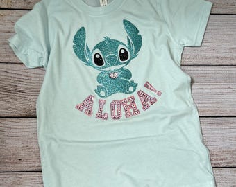 Stitch Aloha Youth / Kid Shirt Rhinestones and Glitter HTV, Ice Blue