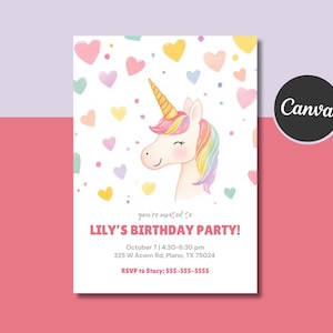 Invitation d'anniversaire de licorne, thème de fête d'anniversaire de princesse, modèle de toile, invitation d'anniversaire de fille, carte de licorne, facile à modifier, téléchargement immédiat