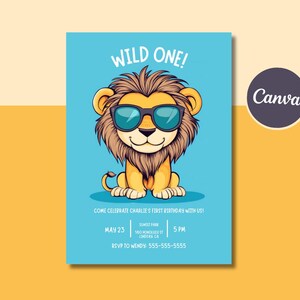 Wild One Invite, Löwe Thema, Baby Boy Geburtstagsfeier, 5X7 bearbeitbares Design, Canva Vorlage, Sofort Download, druckbare Geburtstagseinladung, einfach