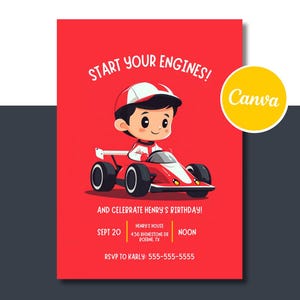 Faire-part d'anniversaire de voiture de course, voiture rouge, fête d'un jeune ami, carte modifiable 5 x 7, modèle toile, téléchargement immédiat, dessin animé de conducteur de voiture, amusement