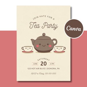 Faire-part d'anniversaire Tea Party, modèle de toile, carte imprimable 5 x 7, jolie fête d'amis beige, fille ayant 3 4 5 6 ans, téléchargement immédiat, théière