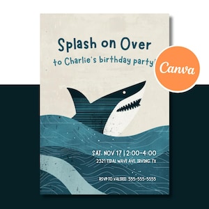 Faire-part d'anniversaire requin, thème fête ami requin, carte océan 5 x 7, modèle toile, téléchargement numérique, créature de la mer imprimable, attaque de requin