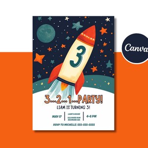 Faire-part d'anniversaire fusée, 3 ans, invitation décollage, modèle de toile, invitation à une fête, modifiable sur mesure, téléchargement immédiat, garçon