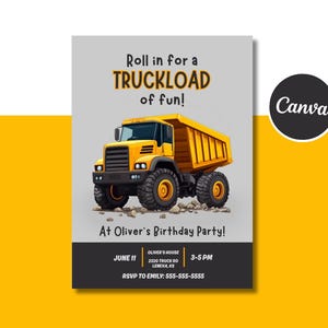 Invitation de camion de construction, fête d'anniversaire de camion à benne basculante, illustration de pelle, fête d'anniversaire de garçon, modèle de toile, modifications faciles, téléchargement imprimable
