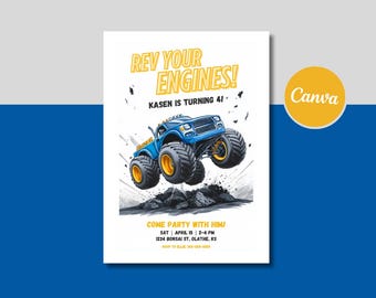 Monster Truck Birthday Invitation: Customizable Canva Template (Digital Download)