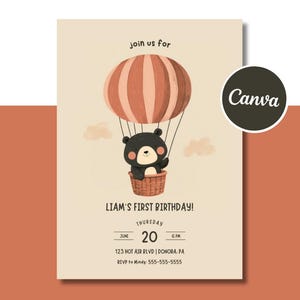 Convite de aniversário com balão de ar quente, design fofo de urso, cor bege, cartão para impressão 5x7, modelo Canva, convite para festa, primeiro aniversário, editar