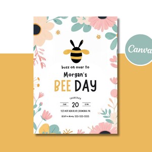 Invito per la giornata delle api, modello Canva, festa di compleanno a tema ape, Buzz on Over, modello modificabile e stampabile, download immediato, biglietto 5x7