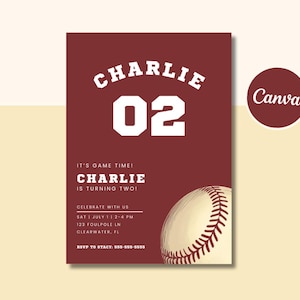 Invito a tema baseball per neonato, festa di compleanno per bambini, modello Canva, biglietto d'invito per la partita, tema baseball, download immediato, invito stampabile