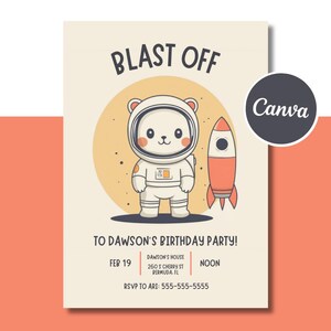Anniversaire fusée, modèle d'invitation toile, impression 5 x 7, thème de l'espace, astronaute, esthétique beige mignon, téléchargement immédiat, fête