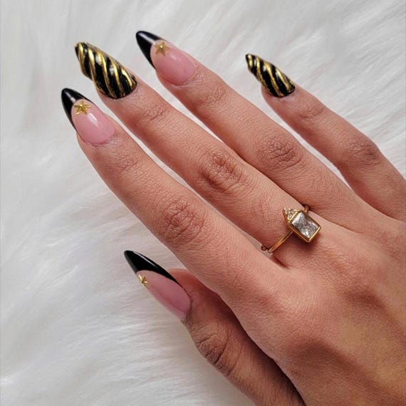 nails to go with a black and gold dress Black & Gold Swirl Press-on Nails: Star Accent, Custom False Nails