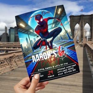 May include: A red and black Spiderman character is jumping on a trampoline. The invitation is for Aaron's 6th birthday party at Skyzone Jump Park on March 29th. The invitation includes the text "Pizza, Games & Lots of Fun".