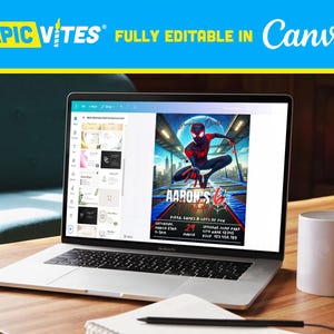May include: A laptop computer displaying a digital invitation for a child's birthday party. The invitation features a cartoon image of Spider-Man on a trampoline. The text on the invitation reads "Aaron's 6th Birthday", "Pizza, Games & Lots of Fun", "March 29", "SRYZONE JUMP PARK", "CITY NAME 12395", "RSVP 123.456.789".