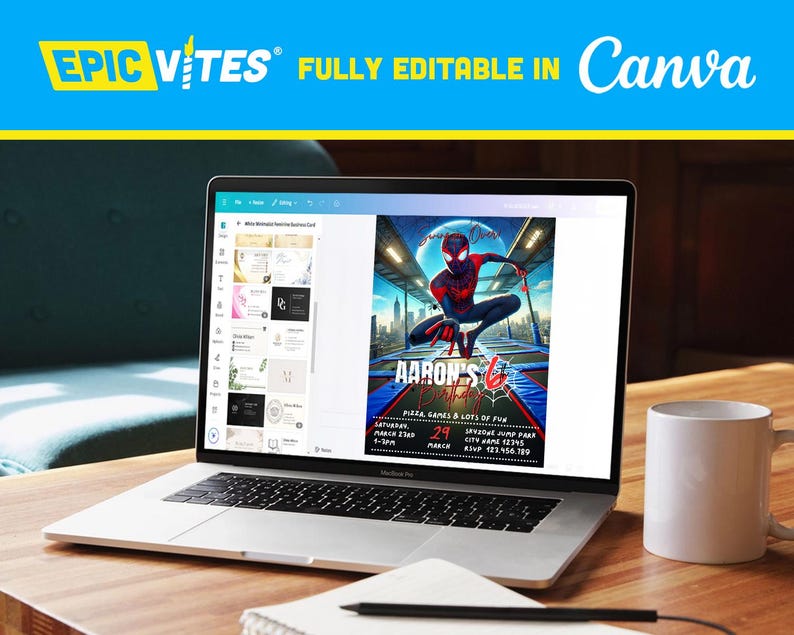 May include: A laptop computer displaying a digital invitation for a child's birthday party. The invitation features a cartoon image of Spider-Man on a trampoline. The text on the invitation reads "Aaron's 6th Birthday", "Pizza, Games & Lots of Fun", "March 29", "SRYZONE JUMP PARK", "CITY NAME 12395", "RSVP 123.456.789".
