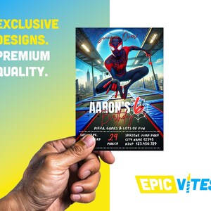 May include: A red and black Spiderman character jumps over a trampoline with the text "Aaron's 6th Birthday" and "Pizza, Games & Lots of Fun" on the invitation. The invitation also includes the date "Saturday, March 29" and the location "Skyzone Jump Park, City Name 12345".