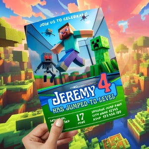 May include: A Minecraft-themed birthday party invitation with a green and brown background. The invitation features a character from the game jumping on a trampoline. The text on the invitation reads "Jeremy 4 Has Jumped to Level 4".