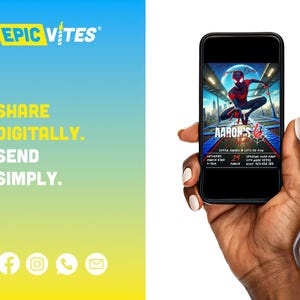 May include: A digital invitation for a birthday party featuring a cartoon image of Spider-Man in red and black, jumping on a trampoline. The invitation includes the text "Aaron's 6th Birthday Party", "Pizza, Games & Lots of Fun", "Saturday, March 29th", "Indoor Jump Park", "City Jane 1234", "RSVP 123.456.789".
