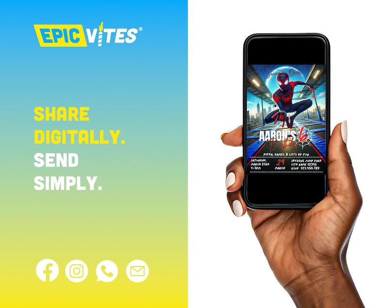 May include: A digital invitation for a birthday party featuring a cartoon image of Spider-Man in red and black, jumping on a trampoline. The invitation includes the text "Aaron's 6th Birthday Party", "Pizza, Games & Lots of Fun", "Saturday, March 29th", "Indoor Jump Park", "City Jane 1234", "RSVP 123.456.789".
