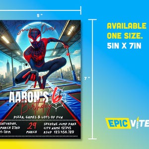 May include: A red and black Spiderman character is jumping on a trampoline. The invitation is for Aaron's 6th birthday party. The party is at Skyzone Jump Park on March 29th from 1-3pm. RSVP 123.456.789.