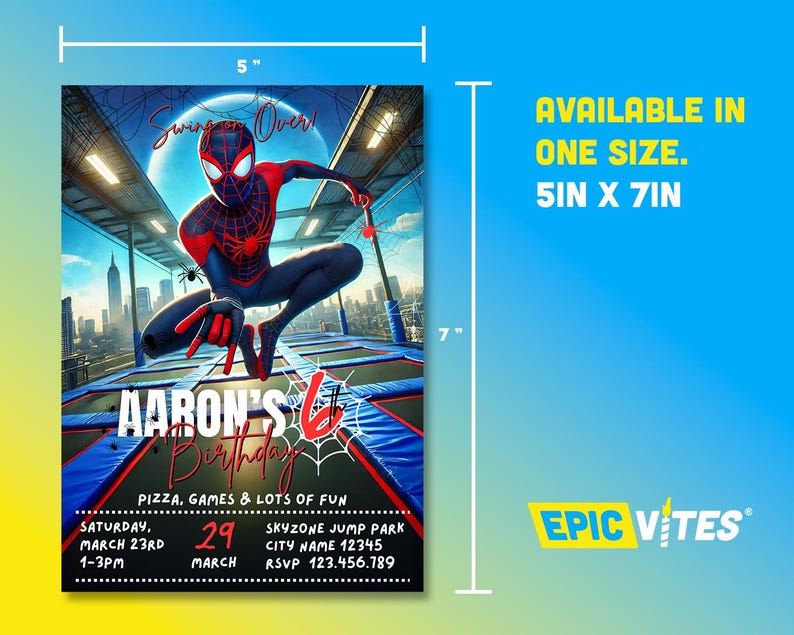 May include: A red and black Spiderman character is jumping on a trampoline. The invitation is for Aaron's 6th birthday party. The party is at Skyzone Jump Park on March 29th from 1-3pm. RSVP 123.456.789.