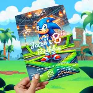 May include: A blue and white birthday invitation featuring Sonic the Hedgehog. The invitation is for Jacob's 8th birthday party at Skyzone Jump Park on March 23rd. The invitation includes the text "Join us to celebrate!" and "Pizza, games & lots of fun".