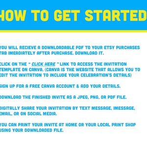 May include: A blue and yellow graphic with the text "HOW TO GET STARTED:" and a list of instructions on how to download, edit, and share an invitation template. The instructions include using Canva, a free online design platform.