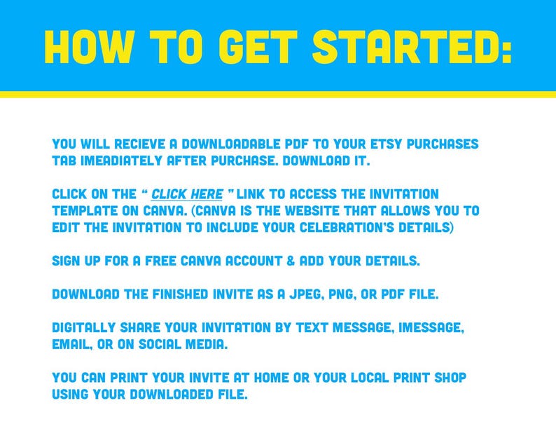 May include: A blue and yellow graphic with the text "HOW TO GET STARTED:" and a list of instructions on how to download, edit, and share an invitation template. The instructions include using Canva, a free online design platform.