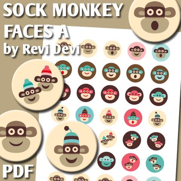 16224 SOCK MONKEY FACES A - PDF Printable Circle - Bottlecap size - Digital Collage Sheet - Inchies images for badge button, magnet - Kawaii cute fun whimsical design