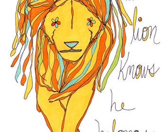 the lion knows he belongs. colorful print. rachel awes.