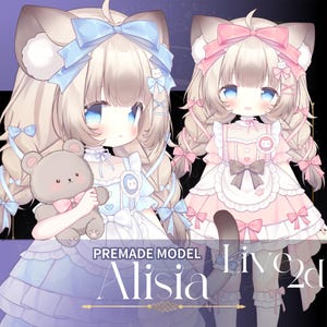 Pode incluir: Uma ilustração digital de dois personagens estilo anime com orelhas de gato, cabelo castanho claro e olhos azuis. Um personagem veste um vestido azul e segura um urso de pelúcia cinza, o outro um vestido rosa. Texto: PREMADE MODEL Alisia Live2d.